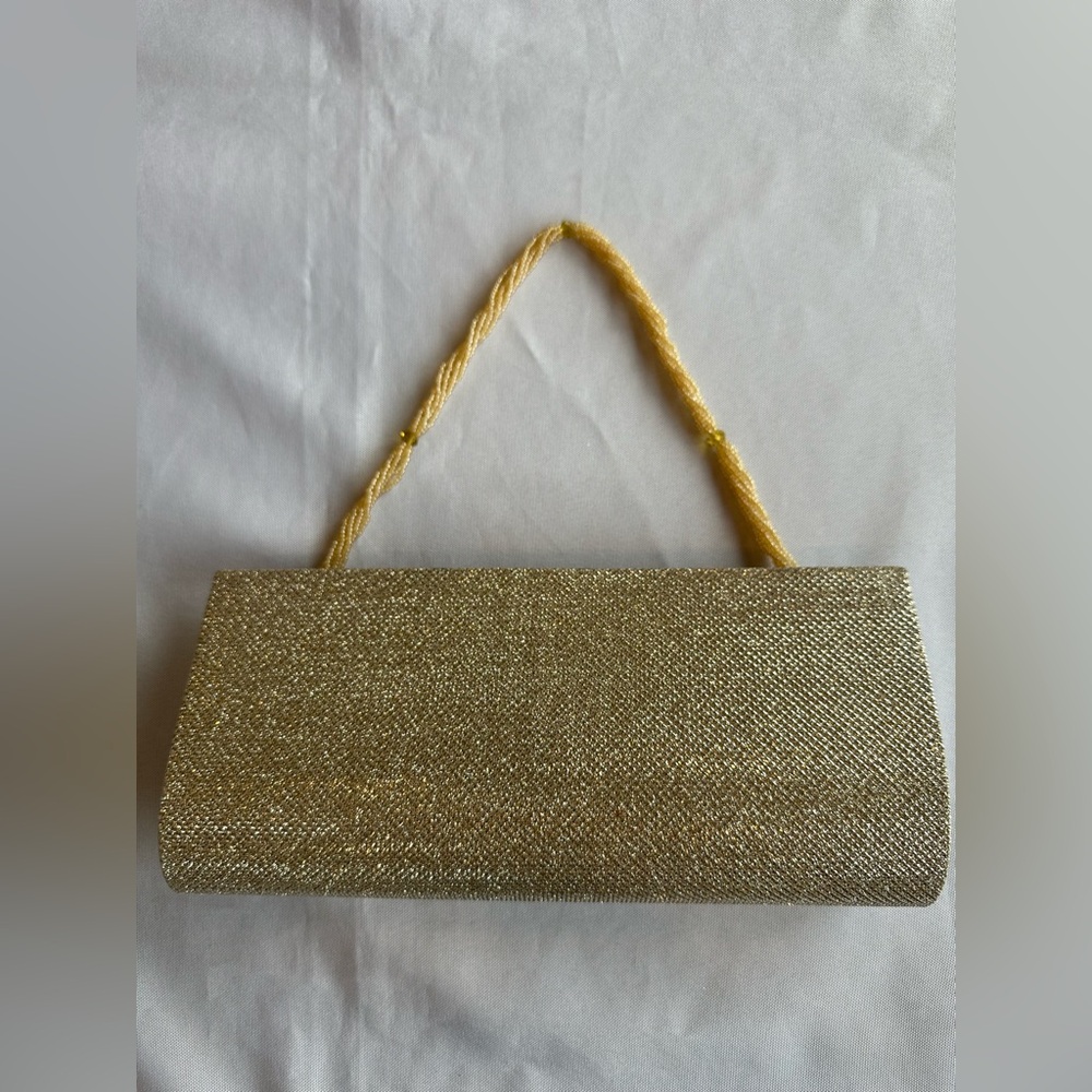 Vintage Mochi Glitter Sparkle Gold Clutch with Beaded Jeweled Strap